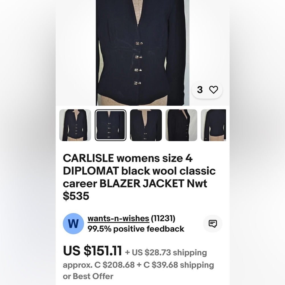 Wool Vintage CARLISLE DIPLOMAT  BLAZER JACKET Retail $535 size 2. - Picture 2 of 10